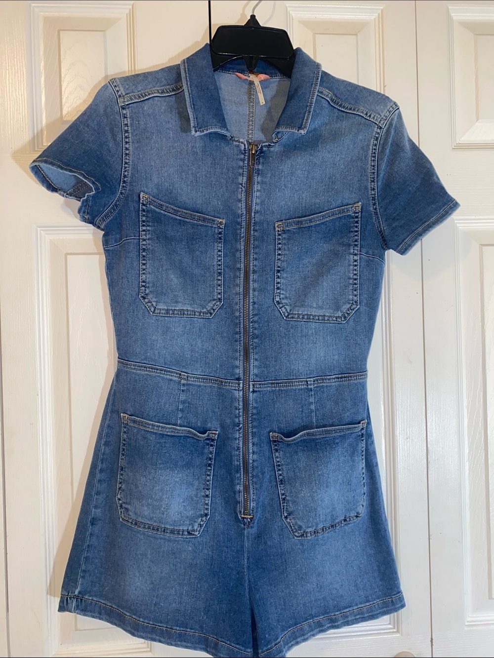 Free People CRVY Denim Romper with Brass Logo